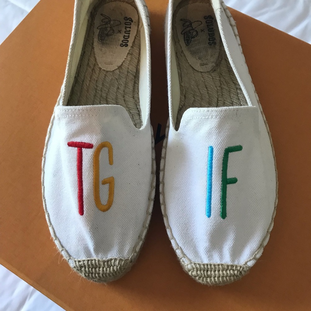 Soludos White Canvas Espadrilles with Red, Yellow, Blue, and Green Monogram